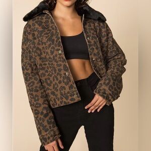 superdown Brown Leopard Print Jean Jacket with Black Faux Fur Collar